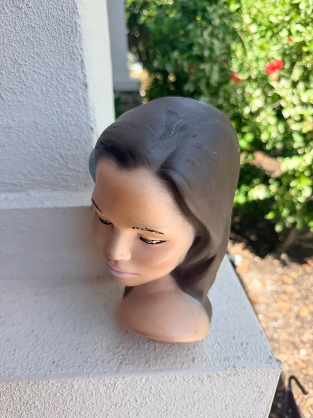 Vintage Ceramic Lady Head Bust Figurine Blue Flower Mid Century Retro Decor